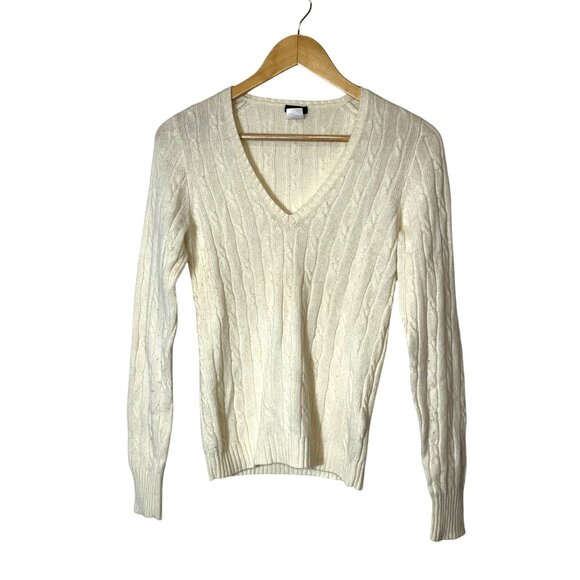 J.Crew Ivory Cable Knit Cashmere Merino Wool Angora V-Neck Sweater Small WOMENS - Picture 1 of 7